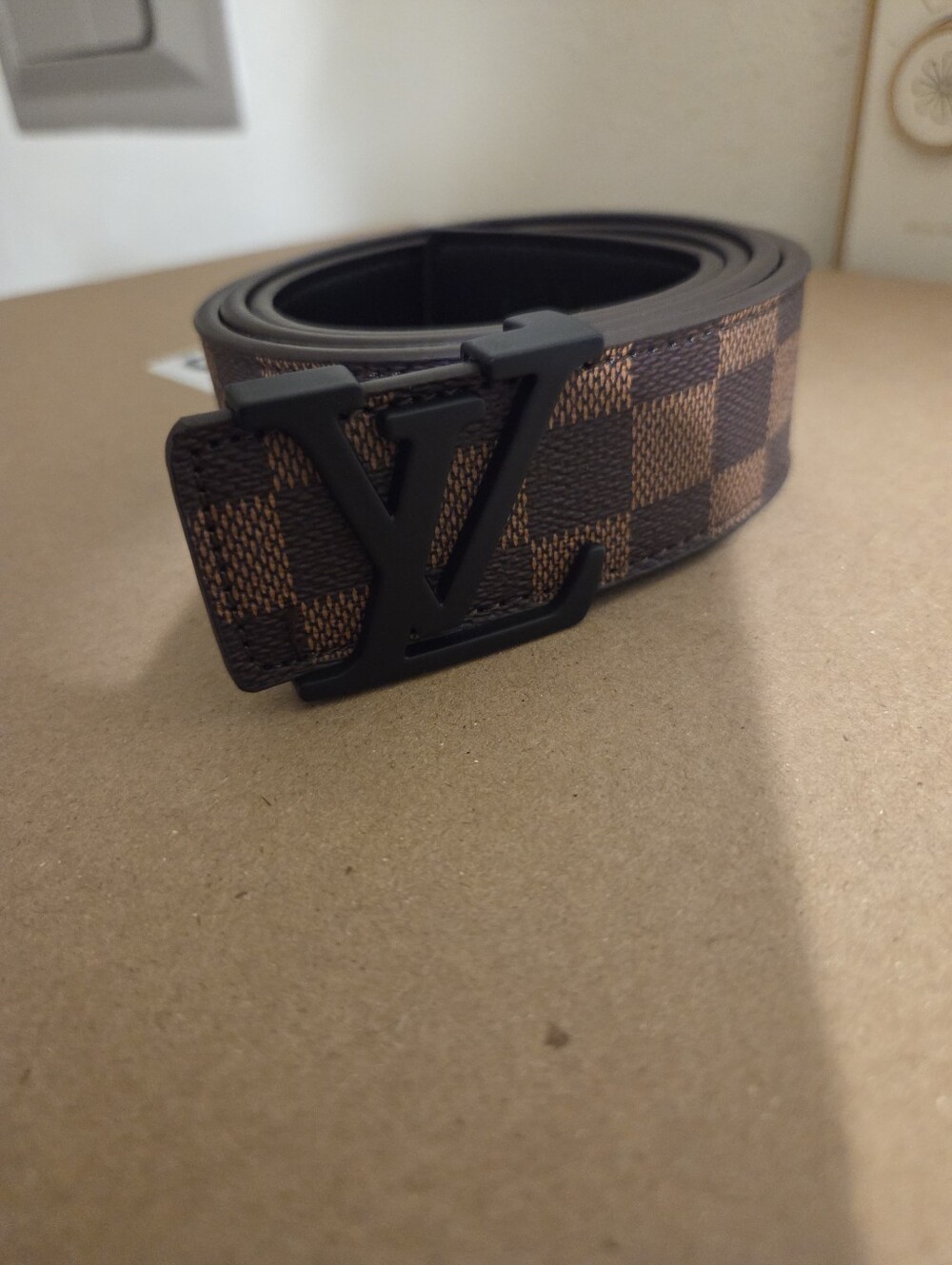 Louis Vuitton Brown Checkered Men's Belt with Black LV Buckle